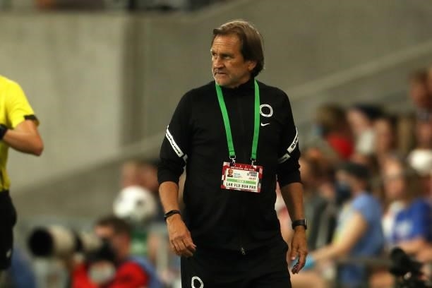 Head Coach of Nigeria Randy Waldrum reacts during the Summer Series game between United States and Nigeria at Q2 Stadium on June 16, 2021 in Austin,...