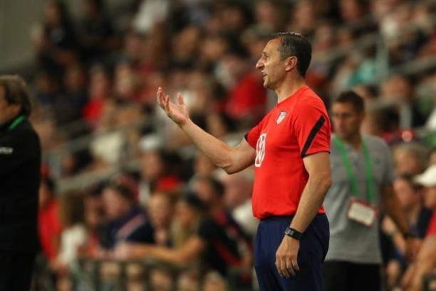 Head Coach of United States Vlatko Andonocski reacts during the Summer Series game between United States and Nigeria at Q2 Stadium on June 16, 2021...