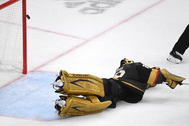 Marc-Andre Fleury of the Vegas Golden Knights allows a goal to Paul Byron of the Montreal Canadiens during the second period in Game Two of the...