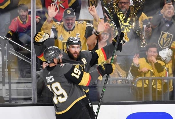 Alex Pietrangelo of the Vegas Golden Knights celebrates after scoring a goal during the third period against the Montreal Canadiens in Game Two of...