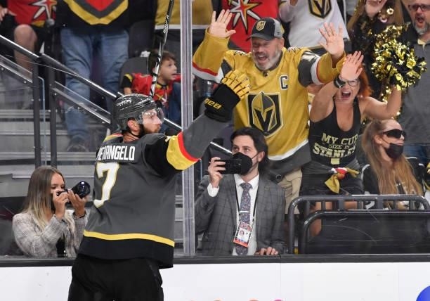 Alex Pietrangelo of the Vegas Golden Knights celebrates after scoring a goal during the third period against the Montreal Canadiens in Game Two of...