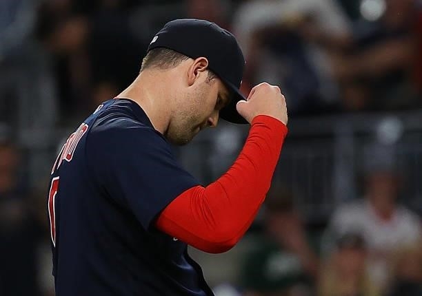 Adam Ottavino of the Boston Red Sox reacts after their 10-8 win over the Atlanta Braves at Truist Park on June 16, 2021 in Atlanta, Georgia.