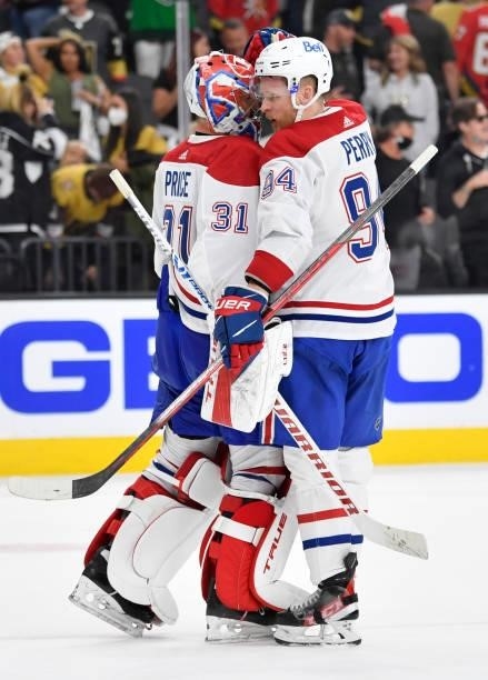 The Montreal Canadiens celebrate after defeating the Vegas Golden Knights in Game Two of the Stanley Cup Semifinals at T-Mobile Arena on June 16,...