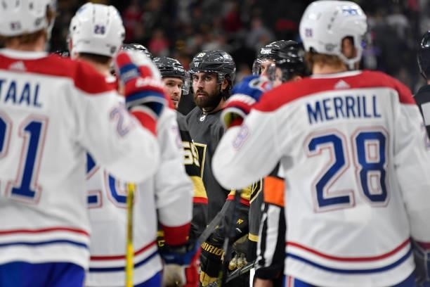 Vegas Golden Knights and Montreal Canadiens players scuffle at the conclusion of Game Two of the Stanley Cup Semifinals at T-Mobile Arena on June 16,...