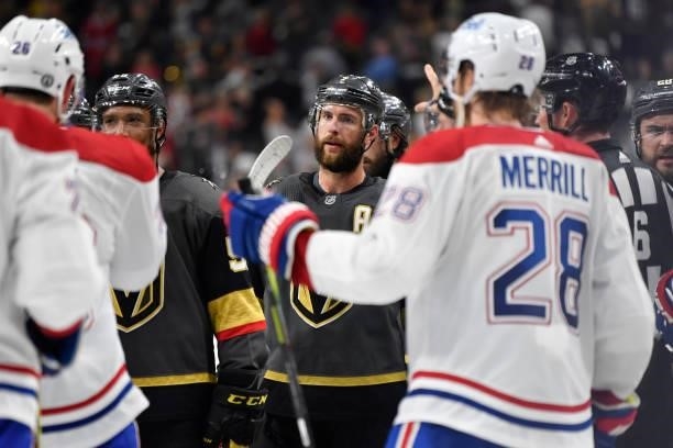 Vegas Golden Knights and Montreal Canadiens players scuffle at the conclusion of Game Two of the Stanley Cup Semifinals at T-Mobile Arena on June 16,...