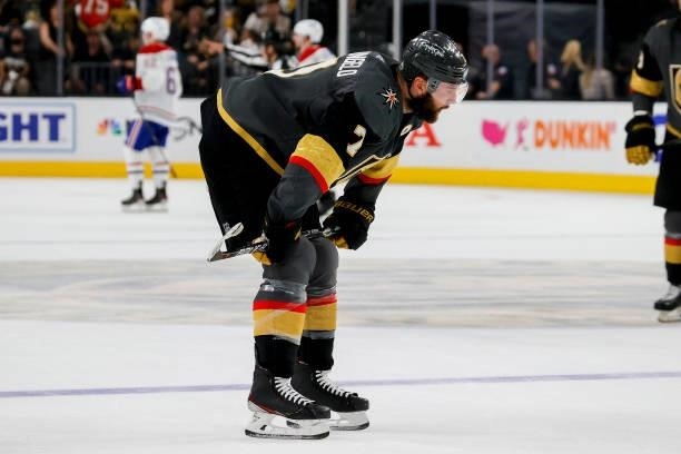 Alex Pietrangelo of the Vegas Golden Knights reacts after his team's 3-2 loss against the Montreal Canadiens in Game Two of the Stanley Cup...