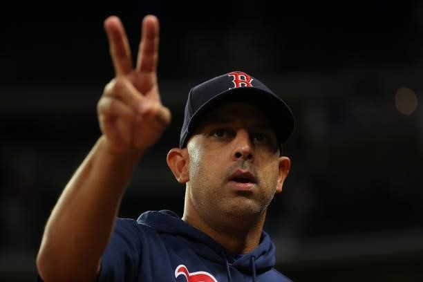 Alex Cora of the Boston Red Sox reacts after their 10-8 win over the Atlanta Braves at Truist Park on June 16, 2021 in Atlanta, Georgia.