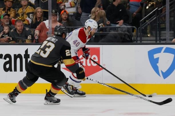 Joel Armia of the Montreal Canadiens is defended by Alec Martinez of the Vegas Golden Knights during the third period in Game Two of the Stanley Cup...