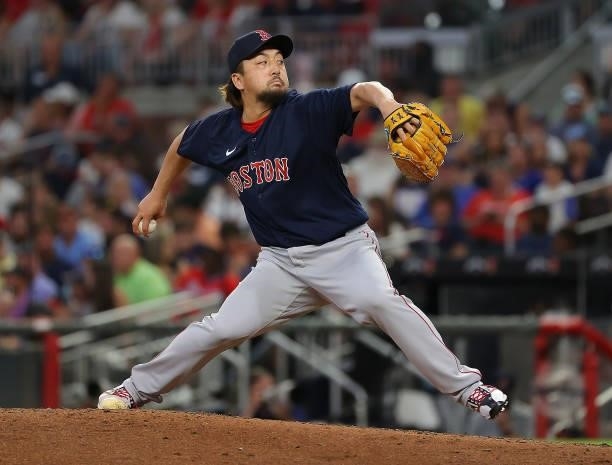 Hirokazu Sawamura of the Boston Red Sox pitches in the fifth inning against the Atlanta Braves at Truist Park on June 16, 2021 in Atlanta, Georgia.
