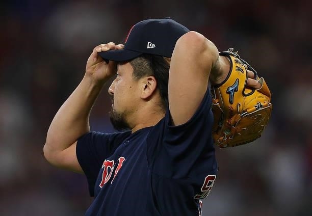 Hirokazu Sawamura of the Boston Red Sox stands on the mound in the fifth inning against the Atlanta Braves at Truist Park on June 16, 2021 in...