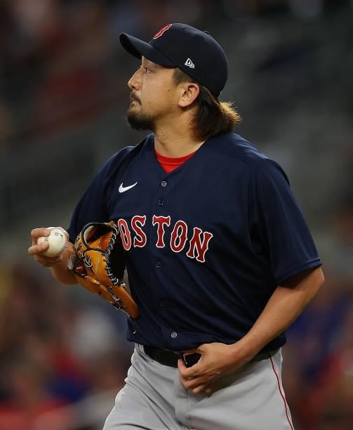 Hirokazu Sawamura of the Boston Red Sox stands on the mound in the fifth inning against the Atlanta Braves at Truist Park on June 16, 2021 in...