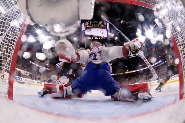 Carey Price of the Montreal Canadiens tends net during the third period against the Vegas Golden Knights in Game Two of the Stanley Cup Semifinals at...