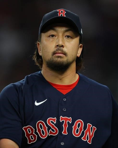 Hirokazu Sawamura of the Boston Red Sox walks off the field in the fifth inning against the Atlanta Braves at Truist Park on June 16, 2021 in...