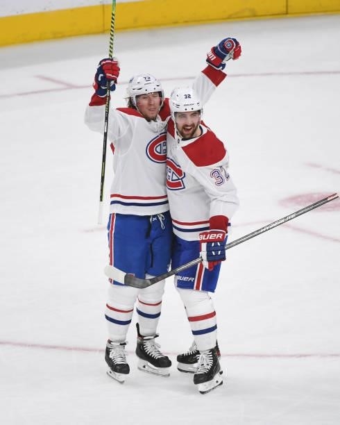 Tyler Toffoli and Erik Gustafsson of the Montreal Canadiens celebrate a goal in the first period in Game Two of the Stanley Cup Semifinals against...