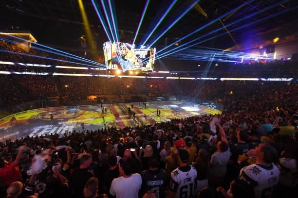 Lasers light up the rink as Marc-Andre Fleury of the Vegas Golden Knights is introduced before Game Two of the Stanley Cup Semifinals during the 2021...