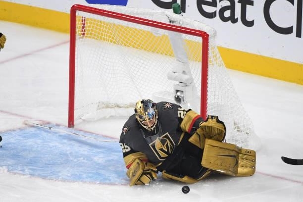Marc-Andre Fleury of the Vegas Golden Knights makes a diving stop without his stick in the first period in Game Two of the Stanley Cup Semifinals...