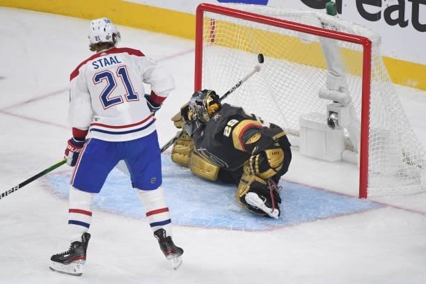 Eric Staal of the Montreal Canadiens watches as a shot by his teammate Joel Armia gets past Marc-Andre Fleury of the Vegas Golden Knights for a goal...