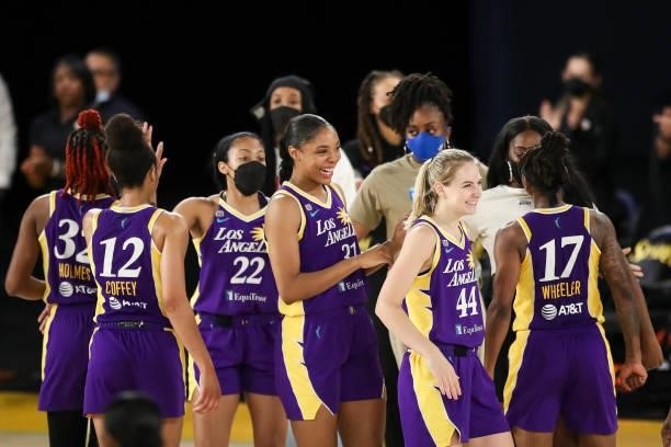 The Los Angeles Sparks celebrate their win over the Phoenix Mercury at Los Angeles Convention Center on June 16, 2021 in Los Angeles, California....