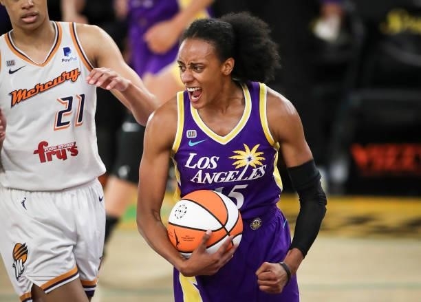 Brittney Sykes of the Los Angeles Sparks celebrates a foul drawn against the Phoenix Mercury in the fourth quarter at Los Angeles Convention Center...