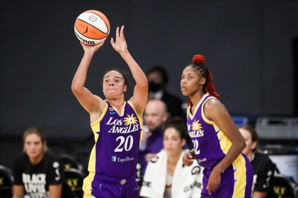 Kristi Toliver of the Los Angeles Sparks shoots during the second half against the Phoenix Mercury at Los Angeles Convention Center on June 16, 2021...