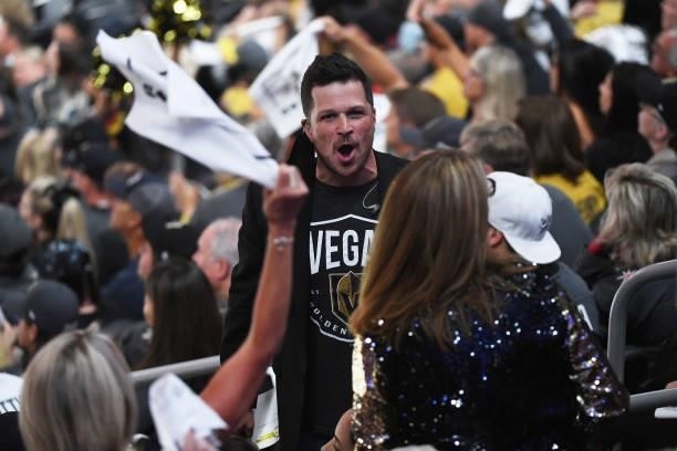 Vegas Golden Knights host Mark Shunock tries to get the crowd fired up in the third period in Game Two of the Stanley Cup Semifinals between the...