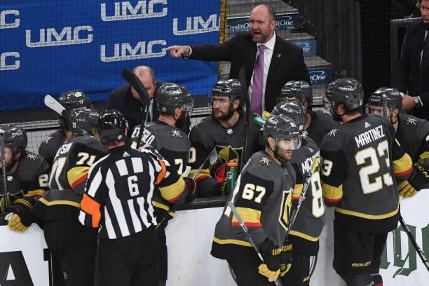 Head coach Peter DeBoer of the Vegas Golden Knights yells to his team during the third period in Game Two of the Stanley Cup Semifinals against the...