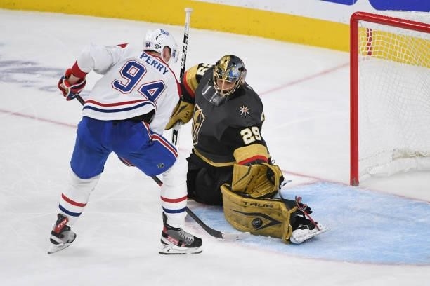 Marc-Andre Fleury of the Vegas Golden Knights stops a shot by Corey Perry of the Montreal Canadiens in the third period in Game Two of the Stanley...