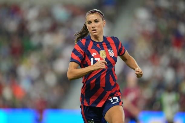 Alex Morgan of the United States chases a loose ball against Nigeria during a WNT Summer Series game at Q2 Stadium on June 16, 2021 in Austin, Texas.