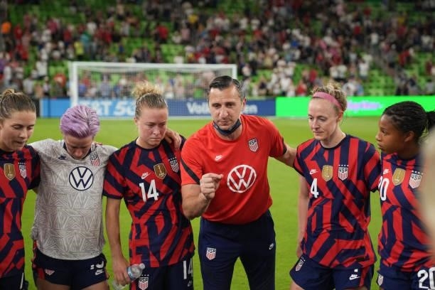 Head coach Vlatko Andonovski of the United States speaks to his players after a WNT Summer Series game against Nigeria at Q2 Stadium on June 16, 2021...