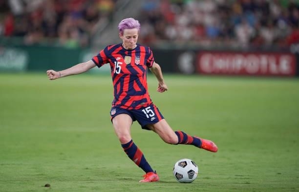 Megan Rapinoe of the United States crosses the ball against Nigeria during a WNT Summer Series game at Q2 Stadium on June 16, 2021 in Austin, Texas.
