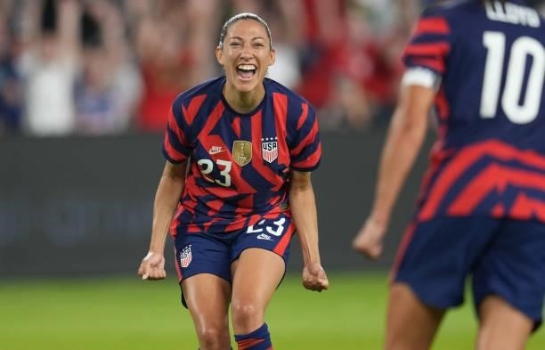 Christen Press of the United States celebrates after scoring a goal against Nigeria during a WNT Summer Series game at Q2 Stadium on June 16, 2021 in...