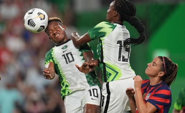 Rita Chikwelu of Nigeria heads the ball against the United States during a WNT Summer Series game at Q2 Stadium on June 16, 2021 in Austin, Texas.