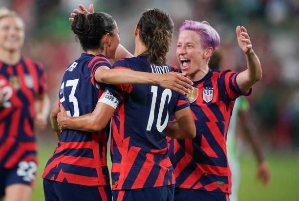 Christen Press of the United States celebrates with her teammates after scoring a goal against Nigeria during a WNT Summer Series game at Q2 Stadium...
