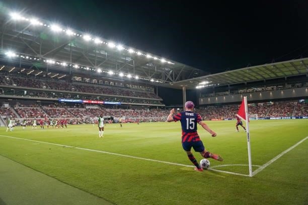 Megan Rapinoe of the United States takes a corner kick against Nigeria during a WNT Summer Series game at Q2 Stadium on June 16, 2021 in Austin,...
