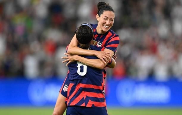 Lynn Williams of the United States celebrates her goal against Nigeria with teammate Christen Press during a WNT Summer Series game at Q2 Stadium on...