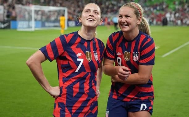 Abby Dahlkemper and Lindsey Horan of the United States celebrate after a WNT Summer Series game against Nigeria at Q2 Stadium on June 16, 2021 in...