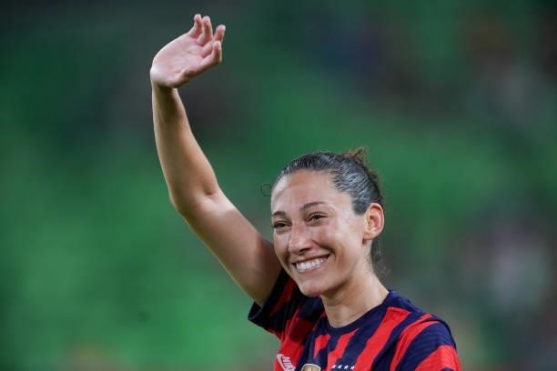 Christen Press of the United States celebrates during a WNT Summer Series game against Nigeria at Q2 Stadium on June 16, 2021 in Austin, Texas.