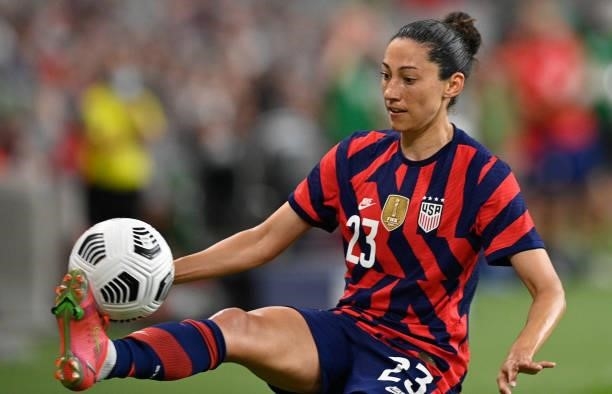 Christen Press of the United States controls the ball against Nigeria during a WNT Summer Series game at Q2 Stadium on June 16, 2021 in Austin, Texas.