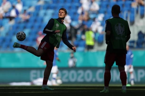 Igor Diveev of Russia warms up before the UEFA Euro 2020 Championship Group B match between Finland and Russia at Saint Petersburg Stadium on June...