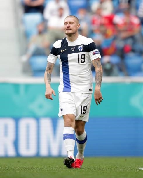 Joni Kauko of Finland reacts during the UEFA Euro 2020 Championship Group B match between Finland and Russia at Saint Petersburg Stadium on June 16,...