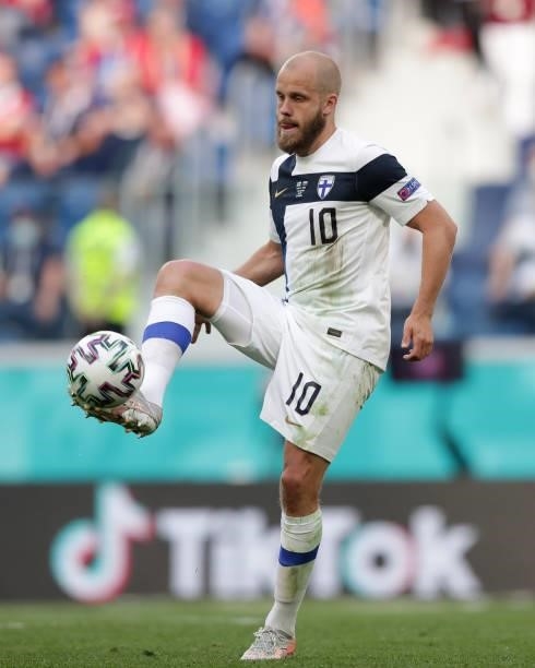 Teemu Pukki of Finland controls the ball during the UEFA Euro 2020 Championship Group B match between Finland and Russia at Saint Petersburg Stadium...
