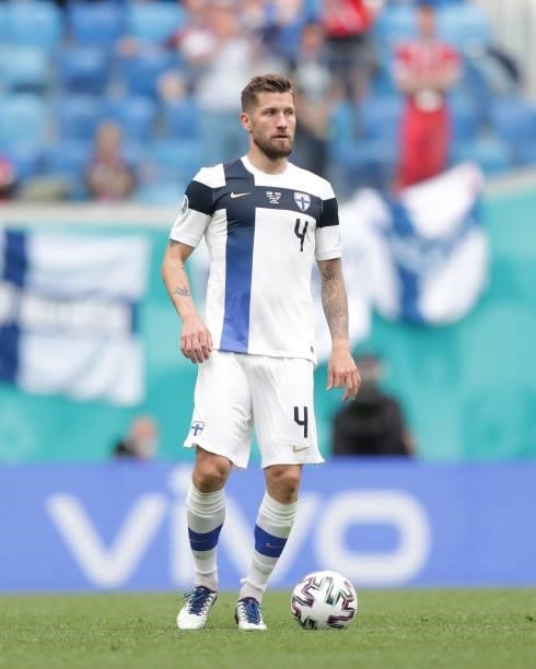 Joona Toivio of Finland controls the ball during the UEFA Euro 2020 Championship Group B match between Finland and Russia at Saint Petersburg Stadium...