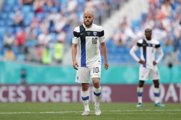 Teemu Pukki of Finland reacts during the UEFA Euro 2020 Championship Group B match between Finland and Russia at Saint Petersburg Stadium on June 16,...