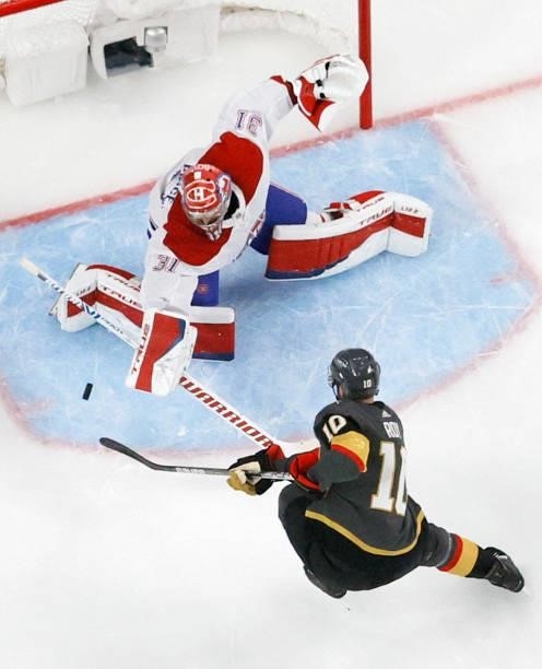 Carey Price of the Montreal Canadiens blocks a shot by Nicolas Roy of the Vegas Golden Knights in the first period in Game Two of the Stanley Cup...