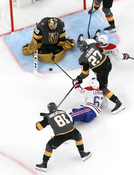 Marc-Andre Fleury of the Vegas Golden Knights makes a save against Artturi Lehkonen of the Montreal Canadiens in the second period in Game Two of the...