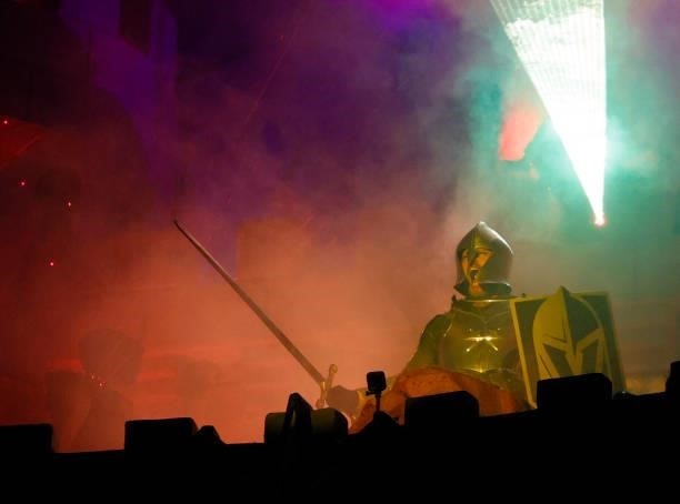 Lee Orchard as the Golden Knight performs in the Castle during a pregame show before Game Two of the Stanley Cup Semifinals during the 2021 Stanley...