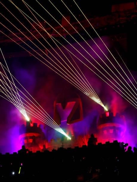 Lasers are emitted from the Castle during a pregame show before Game Two of the Stanley Cup Semifinals during the 2021 Stanley Cup Playoffs between...