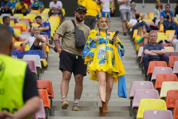 Vlada Zinchenko, the Wife of Oleksandr Zinchenko of Ukraine takes their seat prior to the UEFA Euro 2020 Championship Group C match between Ukraine...