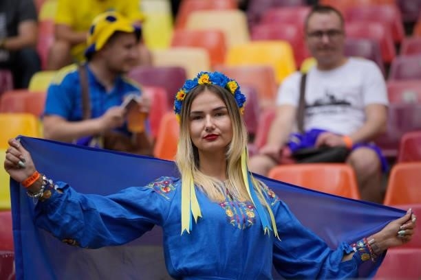 Ukraine fan shows their support prior to the UEFA Euro 2020 Championship Group C match between Ukraine and North Macedonia at National Arena on June...