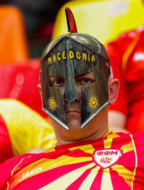 North Macedonia fan shows their support prior to the UEFA Euro 2020 Championship Group C match between Ukraine and North Macedonia at National Arena...